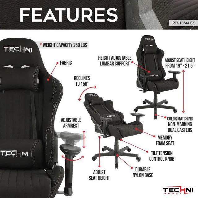 Alt view image 6 of 20 - Gaming Chair - Techni Sport TS-F44 - BLACK Fabric Ergonomic High Back Racer Style PC / Console Video Gaming / Study