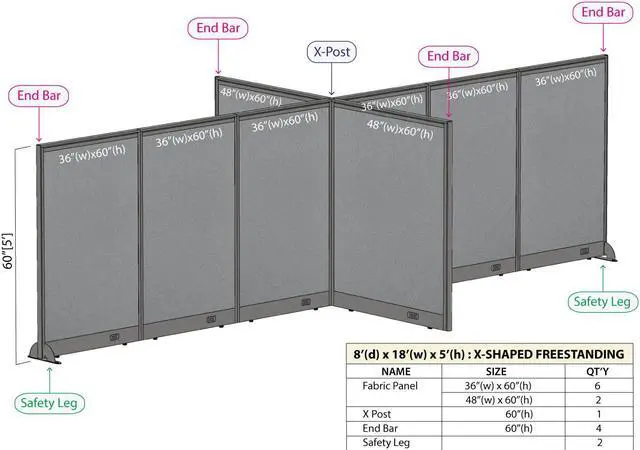 Alt view image 6 of 7 - GOF Office Partition Connectors/Posts for X-Shaped Freestanding Privacy Wall Panels, Full Fabric Room Dividers, Custome Built Cubicle Workstations, Parts & Accessories (60" H, X-Post)