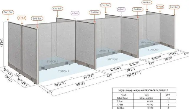 Alt view image 2 of 7 - GOF 6-Person Workstation Cubicle, Freestanding Office Partition Divider for Office, School, Library, Call Center, and PC Gaming Room (60"D x 180"W x 48"H)