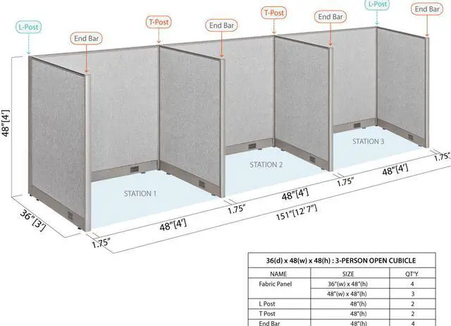 Alt view image 2 of 7 - GOF 3-Person Workstation Cubicle, Freestanding Office Partition Divider, for Office, School, Library, Call Center, and PC Gaming Room (36"D x 144"W x 48"H)
