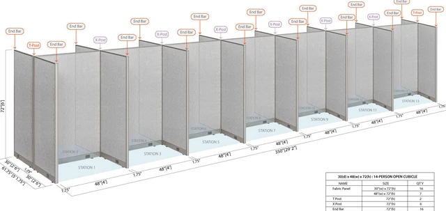 Alt view image 2 of 7 - GOF 14-Person Workstation Cubicles, Freestanding Office Partition, Room Dividers for School, Library, Call Center, and PC Gaming Room (60"D x 336"W x 72"H)