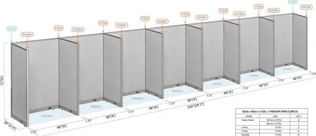 Alt view image 2 of 7 - GOF 7-Person Workstation Cubicles, Freestanding Office Partition, Room Dividers for School, Library, Call Center, and PC Gaming Room (30"D x 336"W x 72"H)