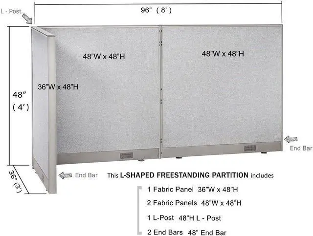 Alt view image 2 of 7 - GOF L-Shaped Office Partition Set, Freestanding Privacy Wall/ Cubicle/ Workstation/ Room Divider (36"D x 96"W x 48"H)