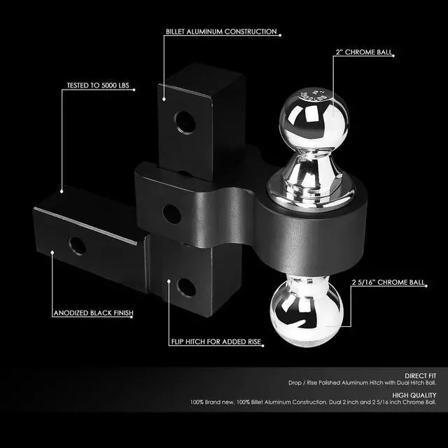 Alt view image 2 of 6 - DNA Motoring HITCH-ALU-001-BK Aluminum 6"Drop Adjustable Dual Ball Tow Towing Hitch fits 2" Trailer Receiver (Black)