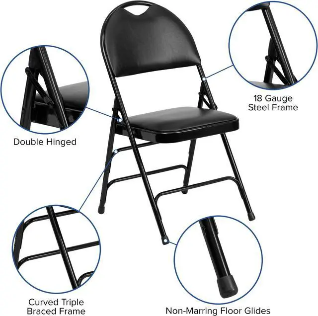 Alt view image 6 of 20 - 2 Pk. HERCULES Series Ultra-Premium Triple Braced Black Vinyl Metal Folding Chair with Easy-Carry Handle