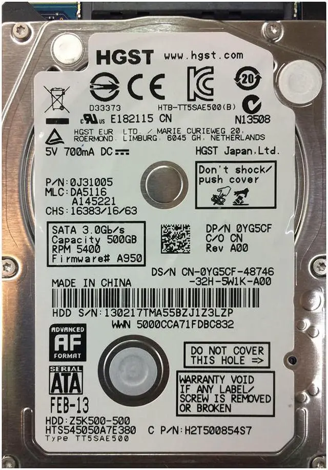 Main image of DELL YG5CF HITACHI TRAVELSTAR Z5K500 500GB SATA 2.5" OEM HDD HTS545050A7E380
