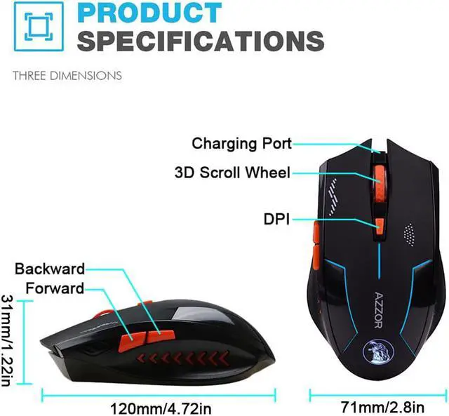 Alt view image 4 of 6 - AZZOR Rechargeable Wireless Illuminate Computer Mouse Mice Laser Gaming 2.4G Gamer Silence Lithium Battery Build-in