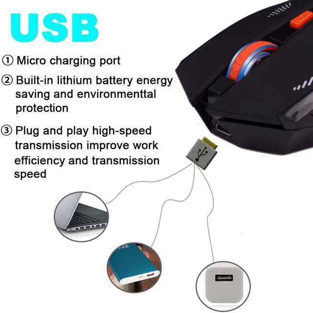 Alt view image 5 of 6 - AZZOR Rechargeable Wireless Illuminate Computer Mouse Mice Laser Gaming 2.4G Gamer Silence Lithium Battery Build-in