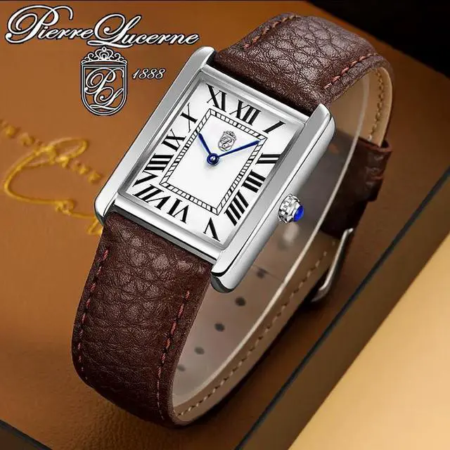 Alt view image 2 of 7 - Pierre Lucerne 1888 Vermeil Swiss Inspired Design Mens Rectangle Tank Watch Brown