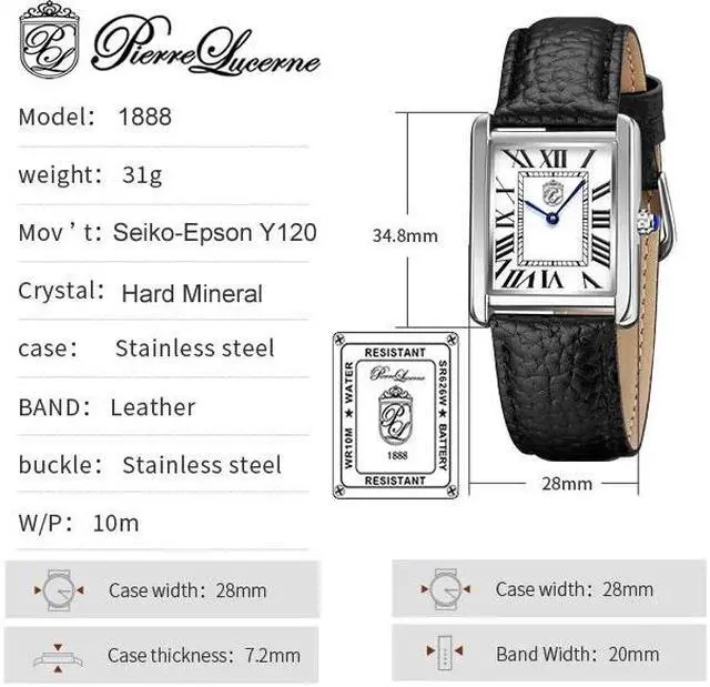 Alt view image 5 of 7 - Pierre Lucerne 1888 Vermeil Swiss Inspired Design Mens Rectangle Tank Watch Black