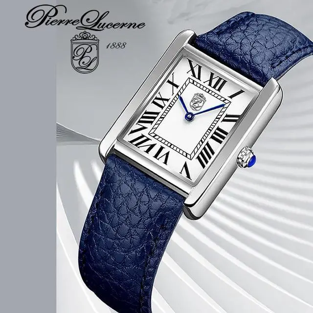Alt view image 3 of 7 - Pierre Lucerne 1888 Vermeil Swiss Inspired Design Mens Rectangle Tank Watch Blue