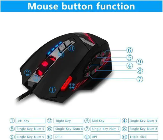 Alt view image 3 of 5 - C-12 Wired Mouse USB Optical Gaming Mouse 12 Programmable Buttons Computer Game Mice 4 Adjustable DPI 7 LED Lights