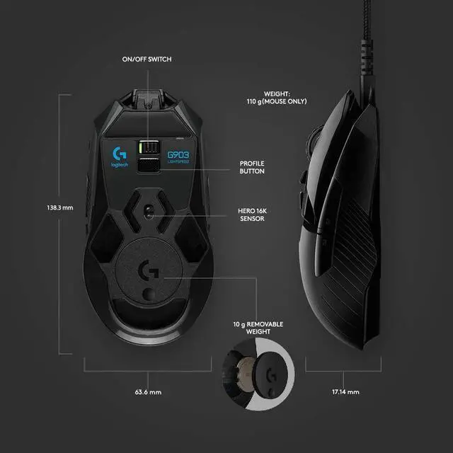 Alt view image 3 of 20 - Logitech 910-005670 G903 LIGHTSPEED Wireless Gaming Mouse
