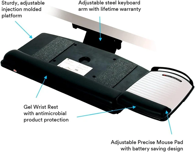 Alt view image 4 of 7 - 3M Sit/Stand Easy Adj Keyboard Tray Platform w/Gel Wrists & Mouse Pad, 23" Track