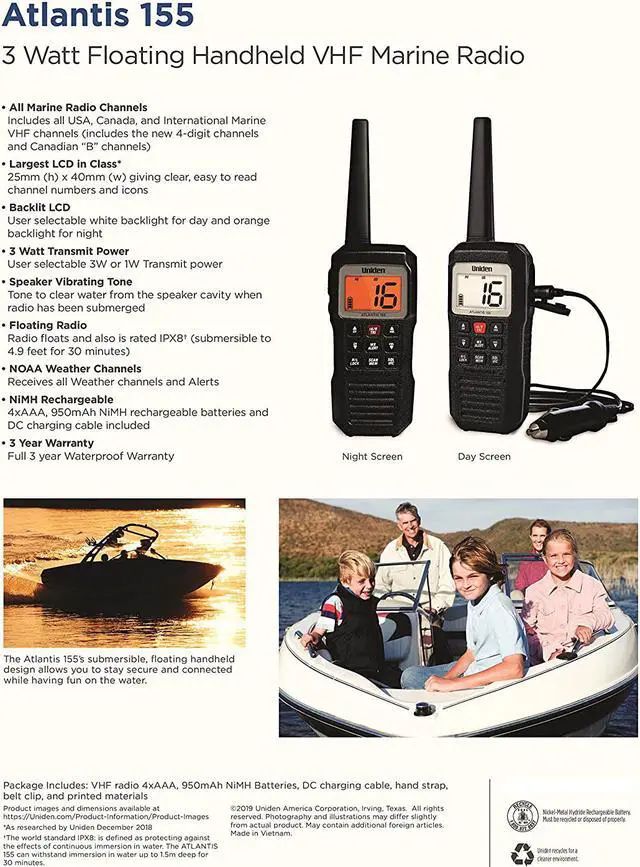 Alt view image 7 of 19 - UNIDEN Handheld 2-Way VHF Marine Radio Floating ATLANTIS 155
