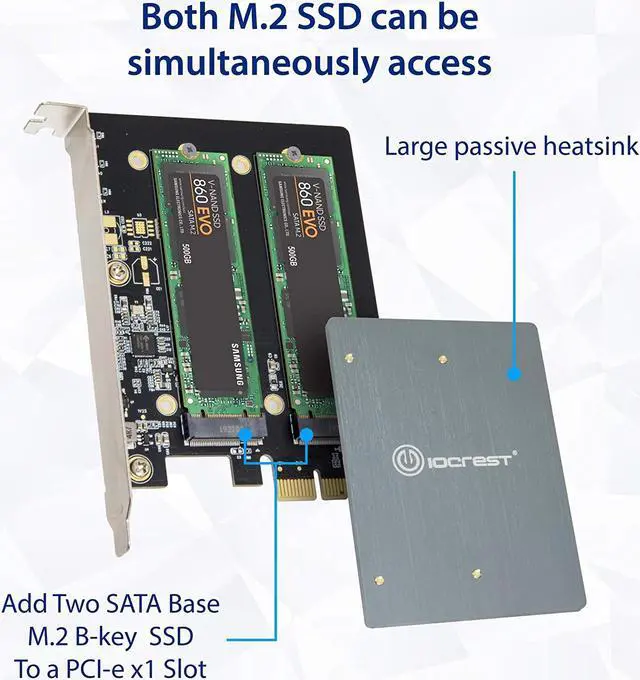 Alt view image 6 of 15 - Syba Dual M.2 B-Key PCI-e 3.0 x1 Adapter with Heatsink (SI-PEX40153)
