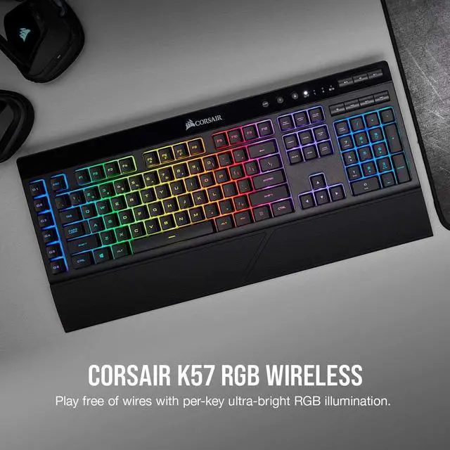 Alt view image 12 of 20 - Corsair K57 RGB Wireless Gaming Keyboard (NA) - Wired/Wireless Connectivity - Bluetooth/RF - 33 ft - 2.40 GHz - USB 3.0 Type A Interface - 110 Key - English (North America) - Windows, PC - Rubber Dome