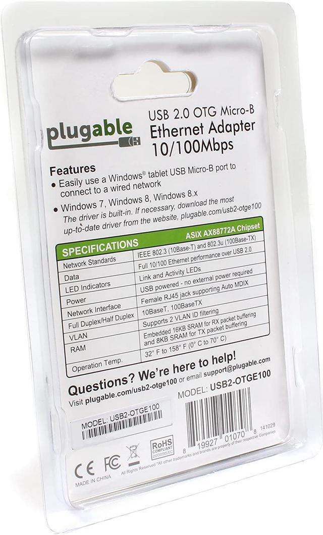Alt view image 6 of 9 - Plugable USB 2.0 OTG Micro-B to 100Mbps Fast Ethernet Adapter Compatible with Windows Tablets, Raspberry Pi Zero, and Some Android Devices (ASIX AX88772A chipset)