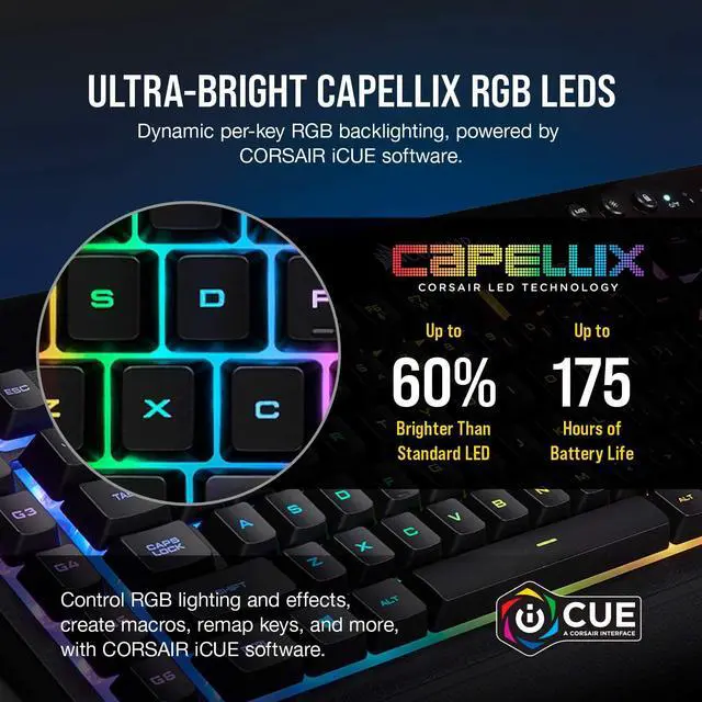 Alt view image 14 of 20 - Corsair K57 RGB Wireless Gaming Keyboard (NA) - Wired/Wireless Connectivity - Bluetooth/RF - 33 ft - 2.40 GHz - USB 3.0 Type A Interface - 110 Key - English (North America) - Windows, PC - Rubber Dome