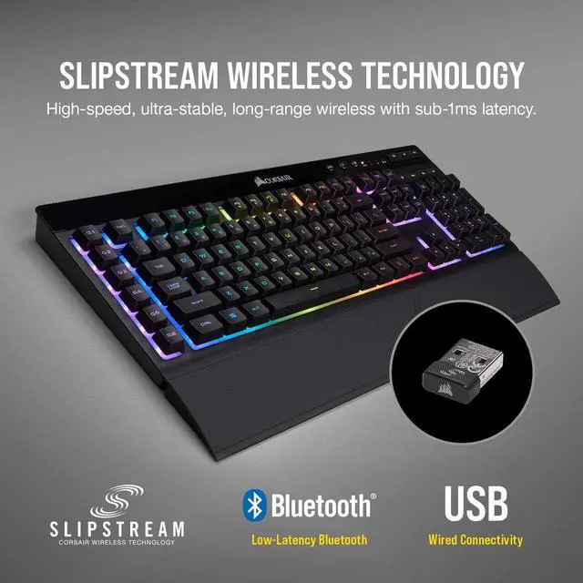 Alt view image 13 of 20 - Corsair K57 RGB Wireless Gaming Keyboard (NA) - Wired/Wireless Connectivity - Bluetooth/RF - 33 ft - 2.40 GHz - USB 3.0 Type A Interface - 110 Key - English (North America) - Windows, PC - Rubber Dome