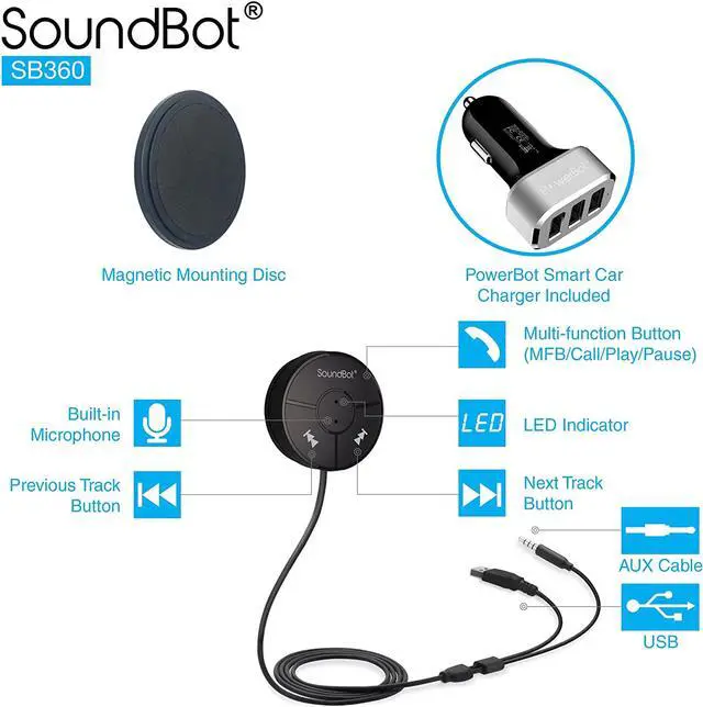 Alt view image 9 of 10 - SoundBot SB360 25.5W Bluetooth 4.0 Car Kit Hands-Free Wireless Talking & Music Streaming Dongle w/ High-Performance USB Car Charger + Magnetic Mounts + Built-in 3.5mm Aux Cable