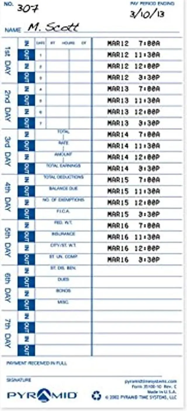 Alt view image 8 of 8 - Pyramid Time Card for Models 3500, 3600SS & 3700