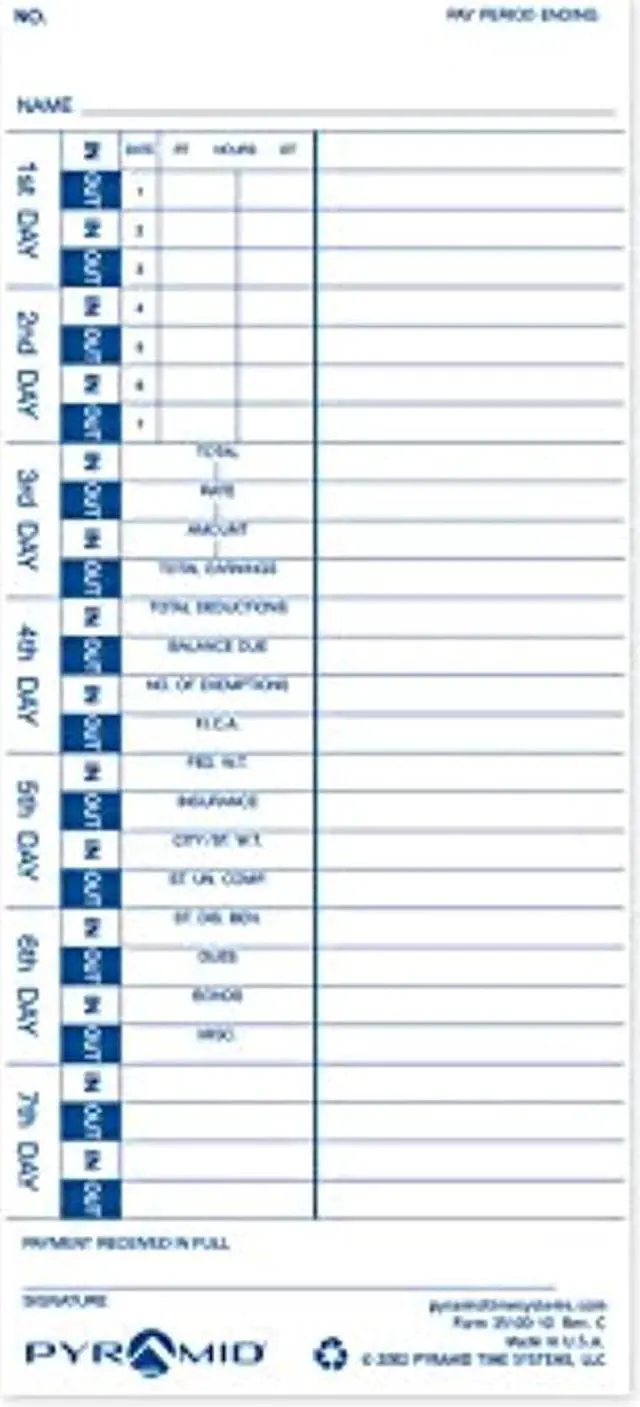 Alt view image 6 of 8 - Pyramid Time Card for Models 3500, 3600SS & 3700