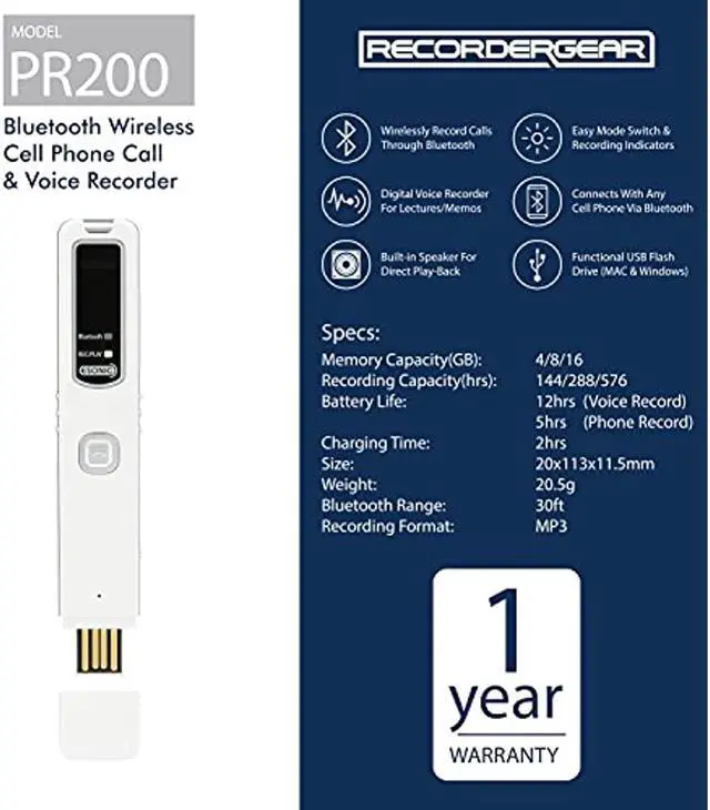 Alt view image 15 of 18 - RecorderGear PR200 Bluetooth Cell Phone Call Recording Device, iPhone & Android Mobile Recorder, Record Voice/Meetings/Memos
