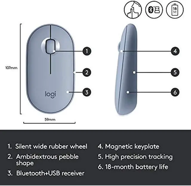 Alt view image 10 of 20 - Logitech PEBBLE M350 910-005773 Blue Grey 3 Buttons 1 x Wheel Dual (RF / Bluetooth Wireless) Optical Mouse