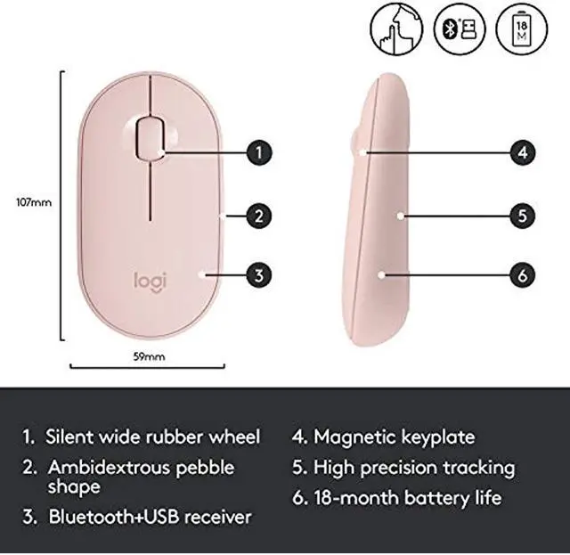 Alt view image 13 of 20 - Logitech Pebble M350 910-005769 Rose Pink 3 Buttons 1 x Wheel Dual (RF / Bluetooth Wireless) Optical Mouse