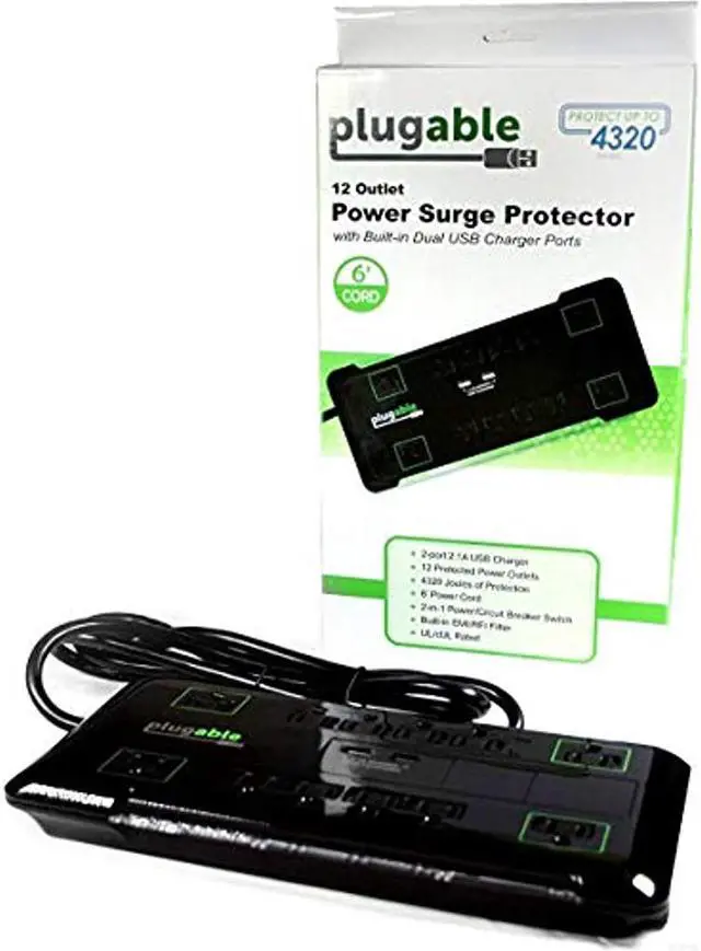 Alt view image 13 of 19 - Plugable Surge Protector Power Strip - 12-Outlet, 2-Port USB, 6ft (1.8m)