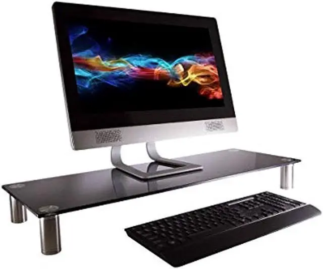 Alt view image 8 of 18 - Monoprice Large Multimedia Desktop Stand - Black Glass (30.8 x 11in) Stand & Riser, Desktop TV Stand, Dual Monitors w/ Height Adjustable Legs