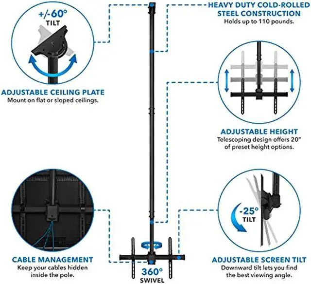 Alt view image 3 of 11 - Mount-It! Ceiling TV Mount | Fits 40"-70" TVs | Adjustable Extra Long 10 Feet Long