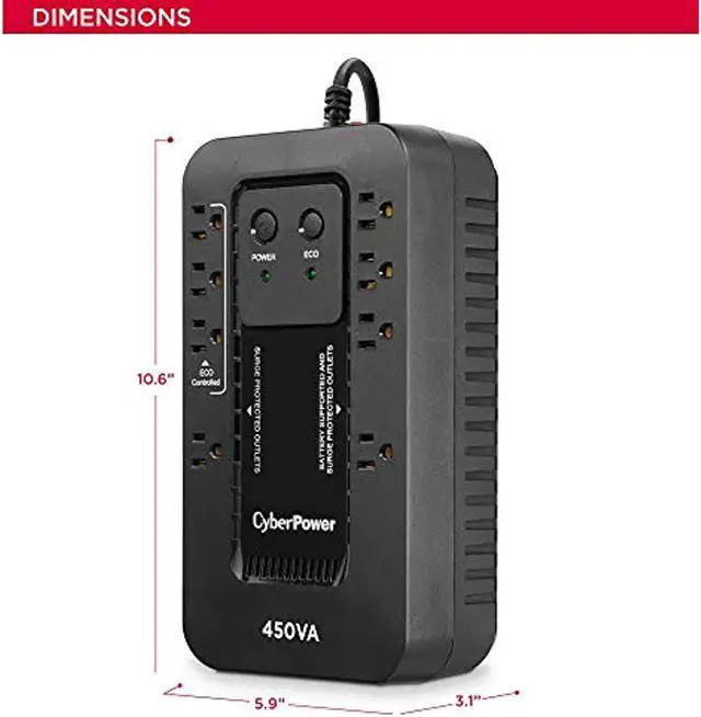 Alt view image 9 of 20 - CYBERPOWER EC450G - UPS - Compact - Standby - Output 120 VAC+/- 5% - 260Watt - 450VA - 10A - USB - Output 8 NEMA 5-15R - Sealed Lead-Acid Battery - Black