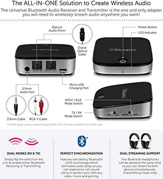 Alt view image 8 of 15 - Aluratek ABC02F Bluetooth Universal Audio Receiver And Transmitter With Built In Battery, Optica