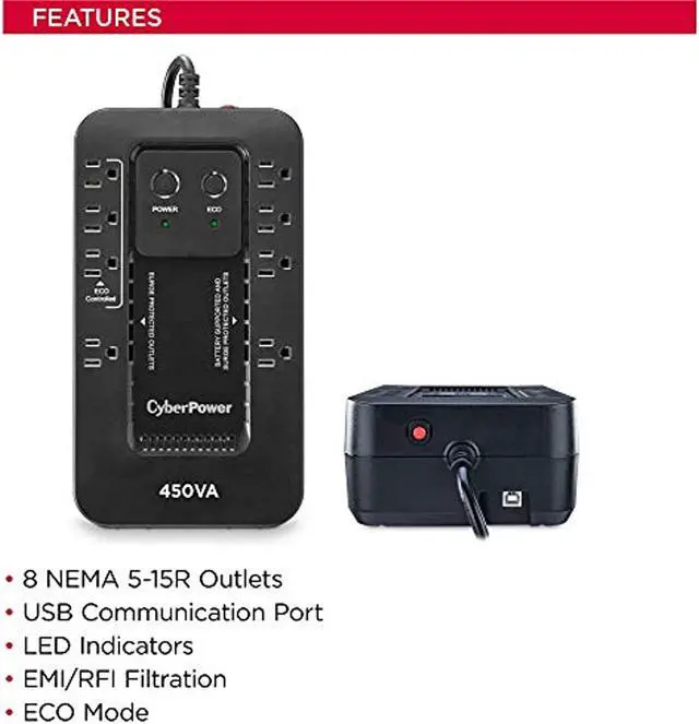 Alt view image 10 of 20 - CYBERPOWER EC450G - UPS - Compact - Standby - Output 120 VAC+/- 5% - 260Watt - 450VA - 10A - USB - Output 8 NEMA 5-15R - Sealed Lead-Acid Battery - Black