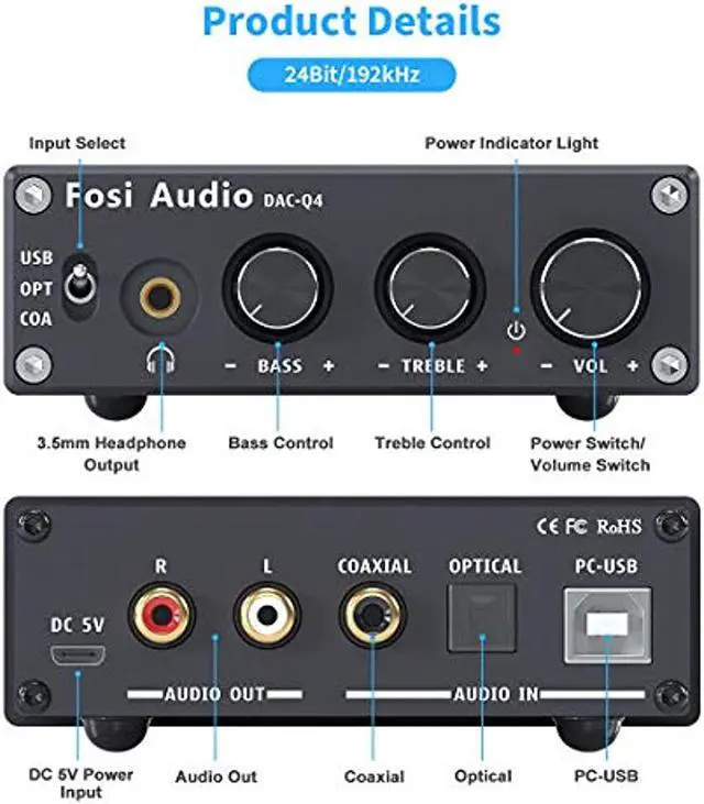 Alt view image 9 of 15 - Fosi Audio Q4 Desktop DAC Headphone Amp for PC Mini Stereo Headphone Amplifier Combo USB Optical Coaxial to RCA AUX Digital-to-Analog Audio Converter Adapter for Home Powered Speakers