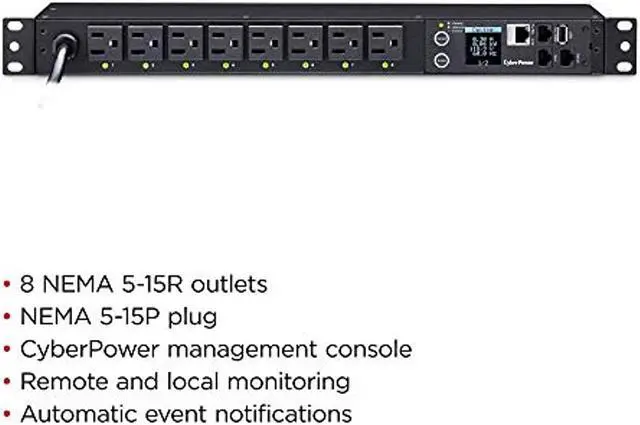 Alt view image 9 of 20 - CyberPower PDU41001 Single Phase 100 - 120 VAC 15A Switched PDU - 8 Outlets, 12 ft, NEMA 5-15P, Horizontal, 1U, SNMP, LCD