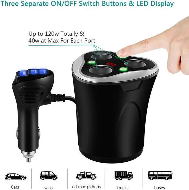 Alt view image 4 of 7 - Skyocean 3 Socket Cigarette Lighter Splitter Power Adapter + 3 USB Car Charger 120W 12V/24V DC Outlet with Volt Meter, On/Off Switch for Cell Phone GPS Dash Cam & All Electronic Devices (Black)