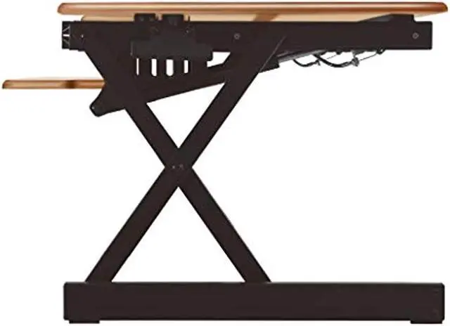 Alt view image 5 of 12 - Rocelco 32" Height Adjustable Standing Desk Converter - Sit Stand Computer Workstation Riser - Dual Monitor Retractable Keyboard Tray Gas Spring Assist - Teak Wood Grain (R EADRT)