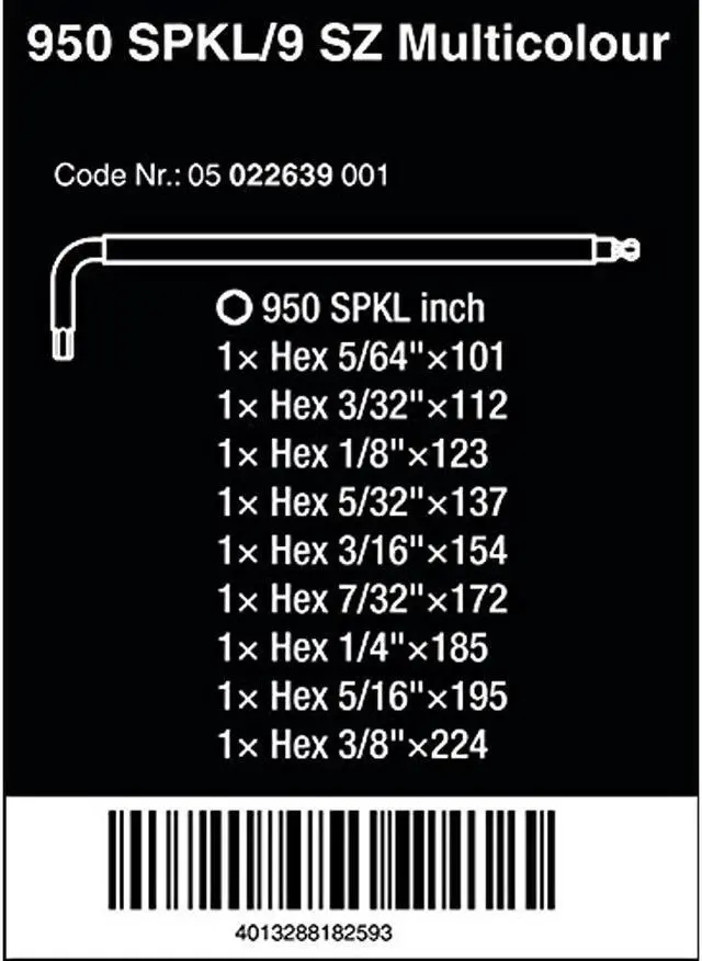 Alt view image 4 of 10 - Wera Long L-Shaped SAE Black Oxide Ball End Hex Key Set, Number of Pieces: 9