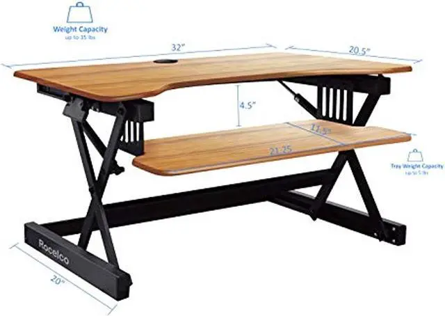 Alt view image 3 of 12 - Rocelco 32" Height Adjustable Standing Desk Converter - Sit Stand Computer Workstation Riser - Dual Monitor Retractable Keyboard Tray Gas Spring Assist - Teak Wood Grain (R EADRT)