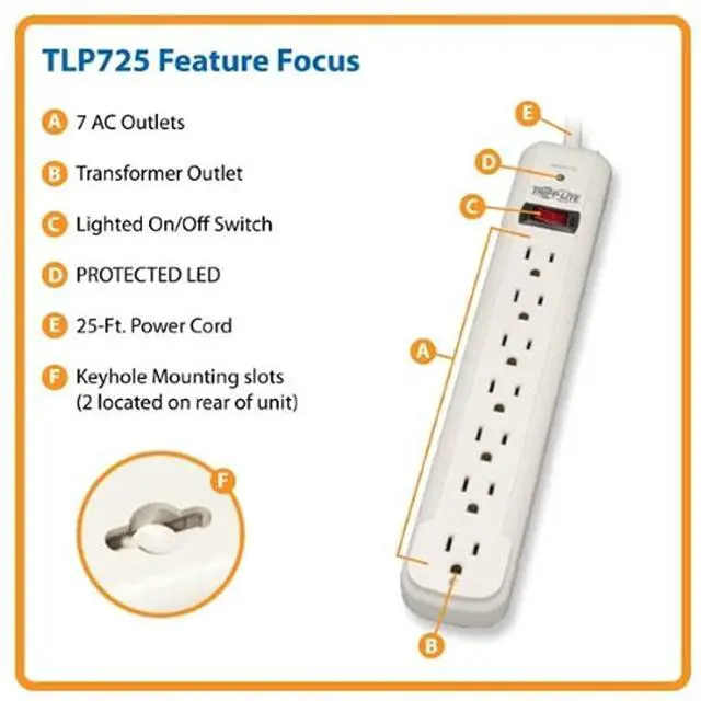 Alt view image 8 of 19 - Tripp Lite TLP725 7 Outlets 1080 Joules 25' Cord Protect It! Surge Suppressor