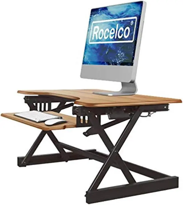 Alt view image 4 of 12 - Rocelco 32" Height Adjustable Standing Desk Converter - Sit Stand Computer Workstation Riser - Dual Monitor Retractable Keyboard Tray Gas Spring Assist - Teak Wood Grain (R EADRT)
