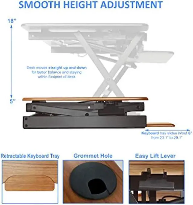 Alt view image 2 of 12 - Rocelco 32" Height Adjustable Standing Desk Converter - Sit Stand Computer Workstation Riser - Dual Monitor Retractable Keyboard Tray Gas Spring Assist - Teak Wood Grain (R EADRT)
