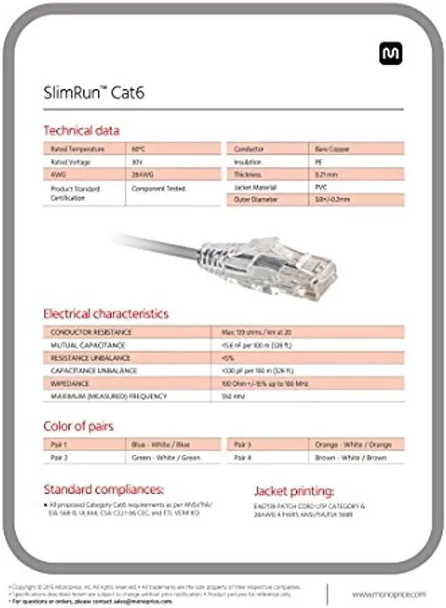 Alt view image 11 of 20 - Monoprice Cat6 Ethernet Patch Cable - 5 feet - Black | Snagless RJ45 Stranded 550MHz UTP CMR Riser Rated Pure Bare Copper Wire 28AWG - SlimRun Series