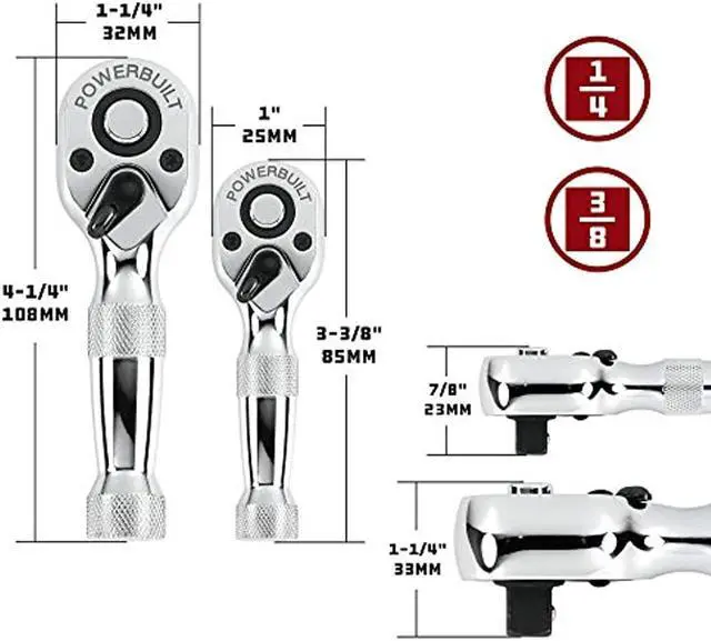 Alt view image 8 of 16 - Powerbuilt 2 Piece Stubby Ratchet Handle Set, 72 Tooth, 1/4-Inch, 3/8-Inch Drive