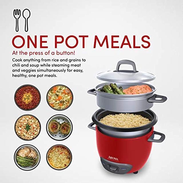 Alt view image 9 of 12 - AROMA ARC-743-1NGR 3 Cups (Uncooked)/6 Cups (Cooked) Pot-Style Rice Cooker and Food Steamer, Red