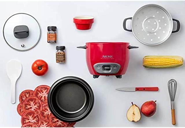 Alt view image 12 of 12 - AROMA ARC-743-1NGR 3 Cups (Uncooked)/6 Cups (Cooked) Pot-Style Rice Cooker and Food Steamer, Red