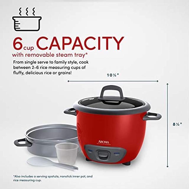 Alt view image 11 of 12 - AROMA ARC-743-1NGR 3 Cups (Uncooked)/6 Cups (Cooked) Pot-Style Rice Cooker and Food Steamer, Red